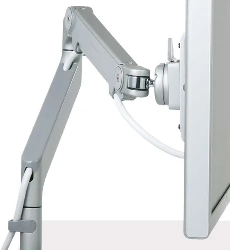 Vista 8 de Humanscale M2 M2CW1S Brazo articulado ajustable para monitor de computadora, abrazadera de dos piezas con base, aluminio pulido con ribete blanco