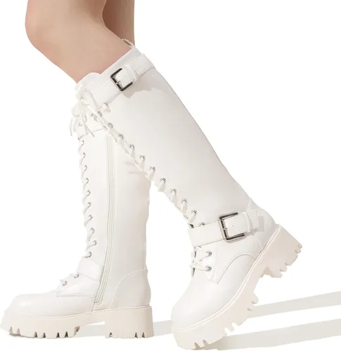 Vista 7 de DREAM PAIRS Botas altas de combate para mujer, plataforma de equitación, con cordones, suela de orejeta, gótica, con cremallera