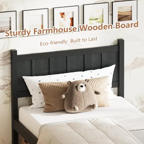 Vista 4 de Bellemave Cama de panel plano de tamaño individual con cabecero y estribo, cama de plataforma minimalista y moderna con acabado de grano de madera