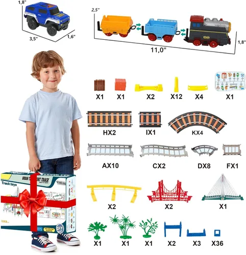 Vista 6 de Juego de tren eléctrico para niños de 4 a 8 años con juego de pistas de tren y pistas de automóvil, puente iluminado, señal de tráfico, sonido