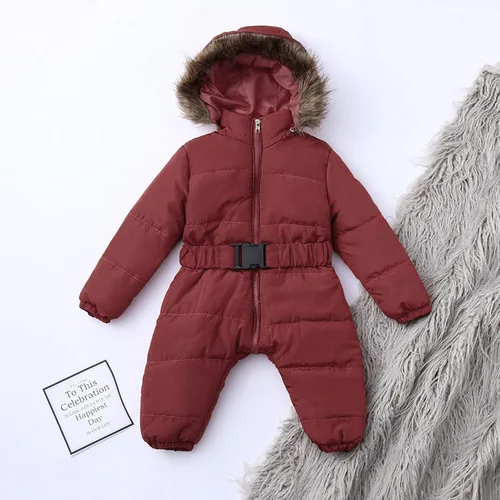 Vista 3 de Ropa exterior mameluco cálido para bebé, chaqueta para bebé, traje de nieve para niñas, overol con capucha para niñas y niñas (marrón, 0-3 meses)
