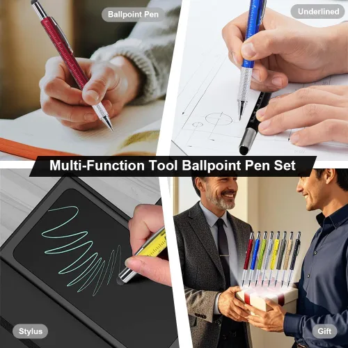 Vista 5 de MROOFUL 8 Pack Multitool Pens with Ruler, Bubble Level and Stylus Tip, Refillable Metal Ballpoint Utility Pens with 20 Black Ink Refills for Office