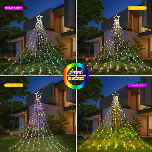 Vista 4 de DANLI Guirnalda de luces de estrella para decoración de Navidad al aire libre, 320 luces LED de 16.4 pies, luces de árbol de cascada con estrella