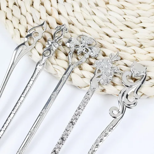 Vista 3 de Lawie Paquete de 14 palillos de metal plateado vintage retro antiguo chino japonés plateado para el cabello, púas largas y rectas talladas cuerno