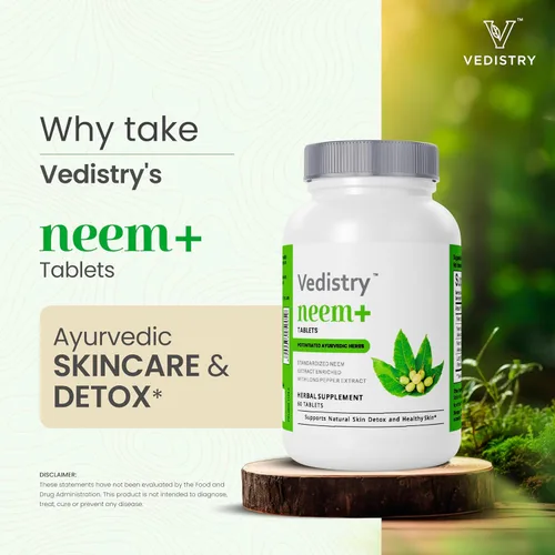 Vista 3 de Vedistry Suplementos de hojas de neem Tabletas de hojas de neem de 1100 mg que apoyan la piel clara, la desintoxicación y la salud inmunológica