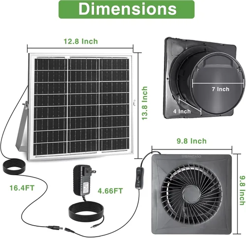 Vista 7 de Ventilador de escape solar, panel solar de 25W + ventilador de ventilación de 8" con adaptador de corriente, válvula antirreflujo, ventilador