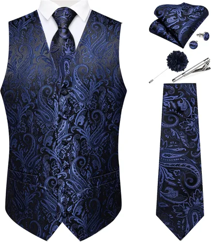 Vista 17 de DiBanGu Juego de chaleco y corbata para hombre, chaleco formal de cachemira y corbata con bolsillo cuadrado y gemelos, de seda, para traje o Verde