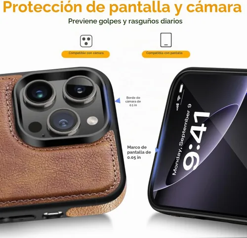Vista 7 de Diseño compatible con iPhone 13 Pro Max, funda de cuero de lujo, vintage, delgada, antideslizante, agarre suave, a prueba de golpes, funda Marrón