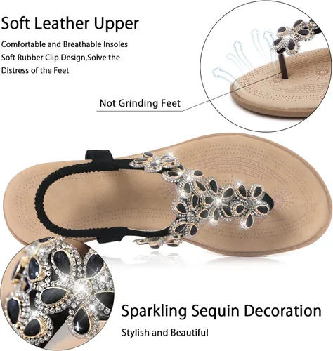 Vista 2 de iCKER Sandalias planas de verano elegantes con diamantes de imitación para mujer, sandalias cómodas