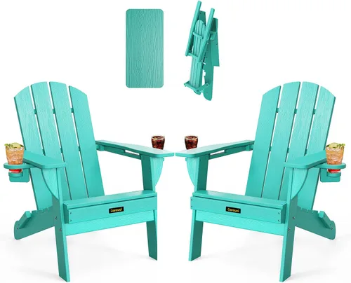 Vista 13 de Silla Adirondack Plegable, Sillas Adirondack de Plástico con Textura de Madera con 2 Portavasos, Silla para Hoguera de HDPE Resistente a