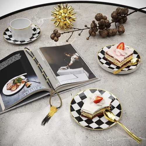Vista 6 de Trendables Mini platos de postre desechables con cucharas de oro I 120 PCS I Sirves 60 Personas I Platos pequeños a cuadros con gol cuadriculado