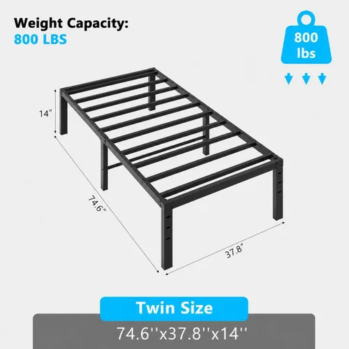 Vista 2 de Bonnlo Base de cama individual con plataforma de metal de 14 pulgadas, base de colchón, soporte de listones de acero resistente, no necesita somier
