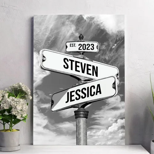Vista 10 de Cartel de calle vintage de lienzo personalizado para parejas, cartel de cruce de caminos con nombre personalizado, el mejor regalo para parejas
