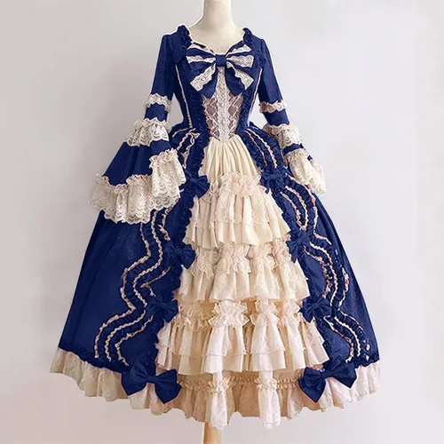 Vista 4 de SHOPESSA Vestido victoriano para mujer, vestido de lolita francesa, disfraz de princesa, vestido renacentista, manga acampanada, corte de cosplay
