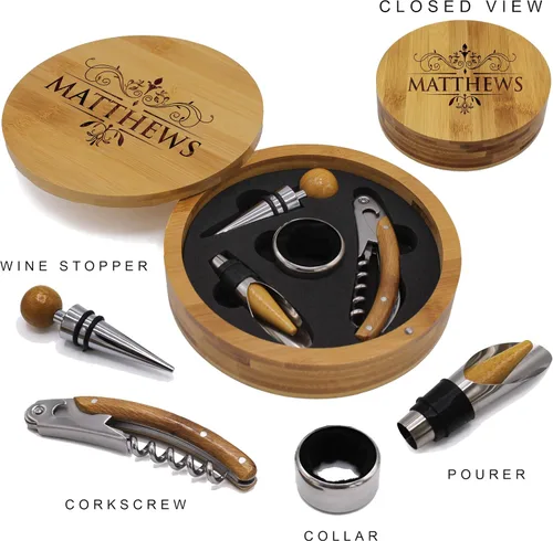 Vista 3 de My Personal Memories Juego de herramientas de abrebotellas de vino de madera de bambú personalizado 4pc - REDONDO