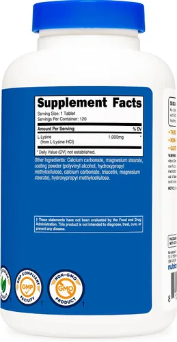 Vista 5 de Nutricost L-Lisina (1000 mg) 120 Tabletas, Sin Gluten