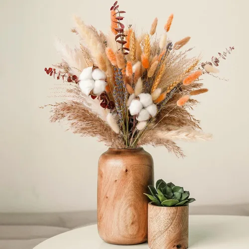 Vista 6 de Ramo de flores secas de otoño, decoración de otoño bohemia con hierba de pampas, algodón y colas de conejo naranja, arreglo floral de otoño