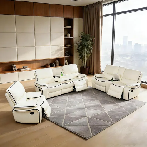 Vista 9 de Juego de sofá reclinable de 3 piezas, juego de muebles de sala de estar, sofá reclinable seccional de cuero, sofá reclinable manual, cómodo asiento
