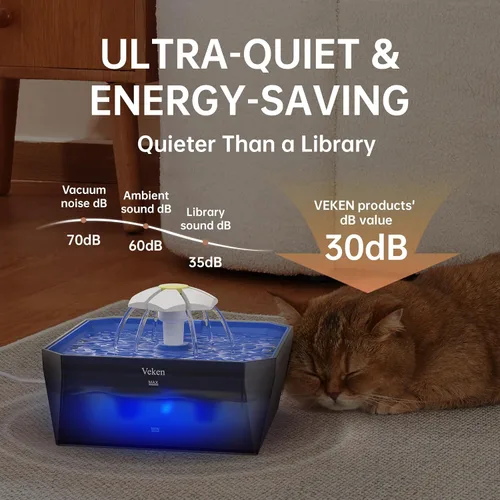 Vista 24 de Veken Fuente de agua para gatos pequeña apta para mascotas con bomba silenciosa, fácil de limpiar y montar, mini dispensador de agua para mascotas