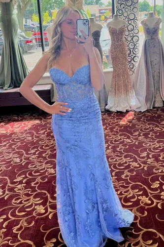 Vista 5 de Elegante vestido de fiesta de encaje largo sin tirantes, vestido de noche formal para mujer, vestido de fiesta RO119