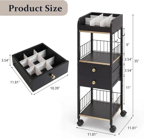Vista 3 de Makeup Organizer Cart, Rolling Floor Skincare Organizer and Storage with 2 Wooden Drawers, Cosmetics Display Cases Holder for Skin Care Perfume Hair
