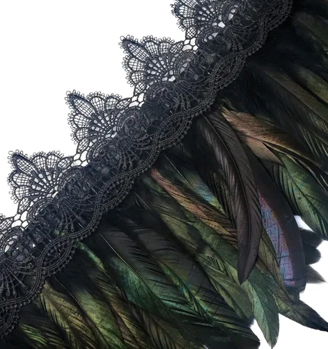 Vista 6 de L'VOW Abrigo de plumas negras para mujer, con cuello de encaje, para Halloween, para mujer