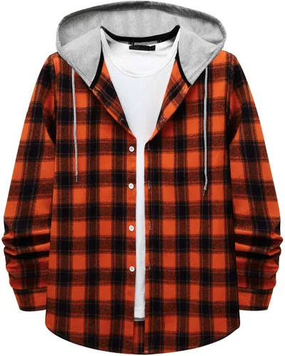 Vista 24 de Aymnlox Sudaderas con capucha para hombre, de manga larga, a cuadros, con botones, con capucha, casual, elegante, con cordón, 2024 #A01-Red
