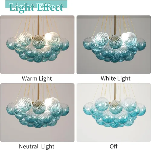 Vista 4 de Candelabro de cristal con forma de bola de burbujas, lámpara colgante moderna nórdica para comedor con pantalla de vidrio azul degradado, globos