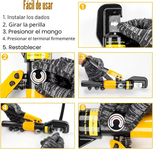 Vista 7 de YUZES Herramienta de Prensado Hidráulica de 10 Toneladas, Herramienta de Crimpado de Cable de Batería de 12 AWG a 2/0 con 9 Troqueles, Kit