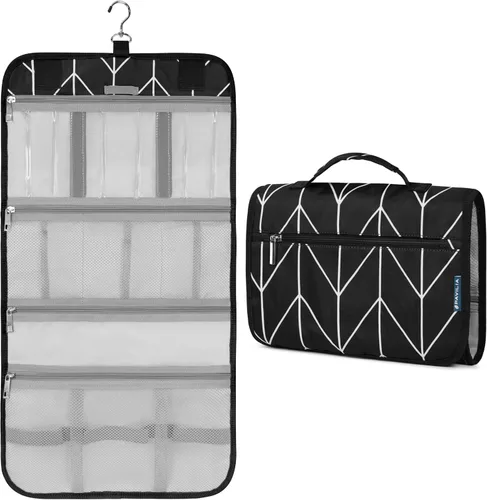 Vista 10 de PAVILIA - Neceser colgante para mujer y hombre, kit de viaje plegable organizador de artículos de tocador, bolsa de cosméticos enrollable, estuche