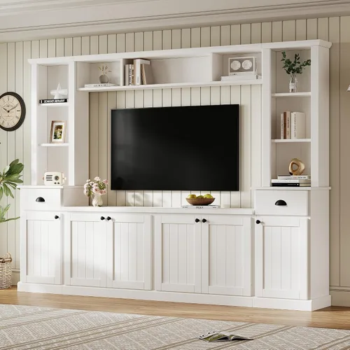 Vista 14 de Merax Minimalist 103" Entertainment Wall Unit Set with Overhead Bridge for TVs Up to 75", Modern Large Media Console with Adjustable Shelves, Ample