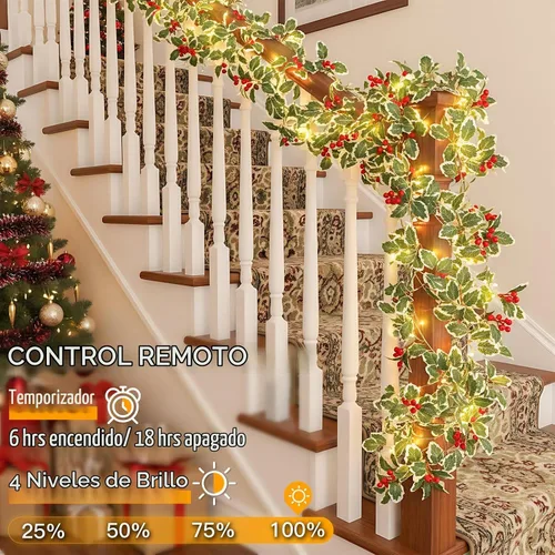 Vista 6 de Suddus 40 luces LED de Navidad con pilas, tira de luces de 12.5 pies con bayas rojas y hoja de acebo, temporizador remoto, guirnaldas artificiales