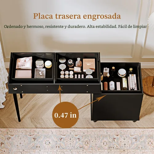 Vista 3 de Ieejdn Negro, Escritorio de tocador con espejo y luces, Tocador de maquillaje con toma de corriente y gabinete ajustable, Mesa de maquillaje moderna