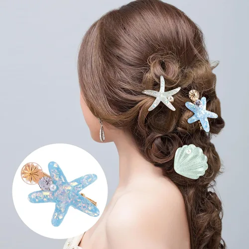 Vista 3 de PAGOW 5 pinzas para el pelo de estrella de mar, pinzas para el cabello de cristal, soporte para cola de caballo de estrella de mar, accesorios