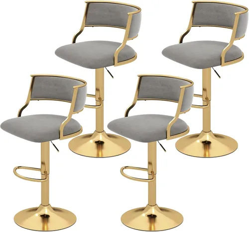 Vista 10 de COSTWAY Taburete giratorio moderno de altura ajustable, juego de 2, gris y dorado Velvet Upholstered Island Stools with Barrel Back & Footrest