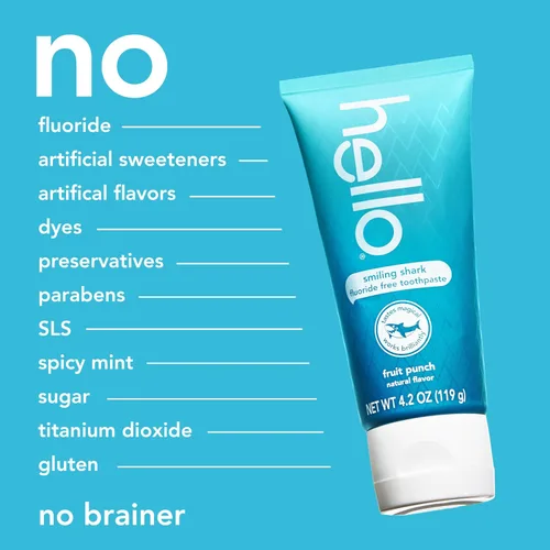 Vista 6 de hello Smiling Shark - Pasta de dientes sin flúor para niños, ponche de fruta natural, tubo de 4.2 onzas Elimina la placa, pule, blanquea, sabe