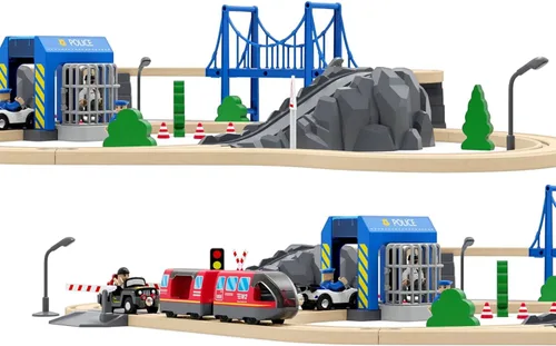 Vista 7 de Juego de accesorios de tren de madera, estación de policía para vías de tren de madera, compatible con todos los ferrocarriles de madera
