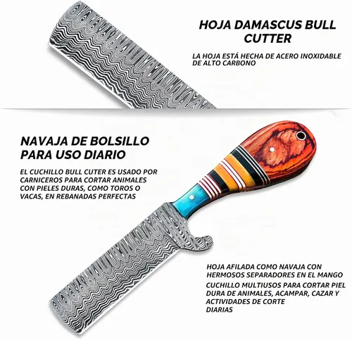 Vista 4 de Cuchillo cortador de toros con funda de cuero, cuchillo de caza hecho a mano de acero de Damasco de 8 pulgadas, cuchillo de caza de hoja fija