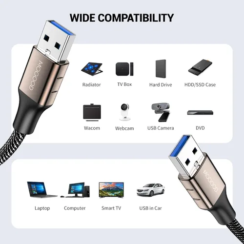 Vista 2 de MOGOOD Cable de extensión USB 3.0, macho a macho, USB A, funciona con laptop, disco duro externo, reproductor de DVD, televisión, caja