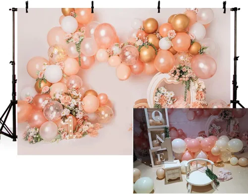 Vista 2 de MEHOFOND Fondo de globo rosa y dorado de 7 x 5 pies para primer cumpleaños, decoración de fiesta de primer cumpleaños, fotografía floral, carro