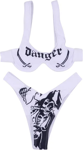 Vista 91 de AIBEARTY Traje de baño de dos piezas con estampado de calaveras para mujer, conjunto de bikini triangular de corte alto para fiesta, festival