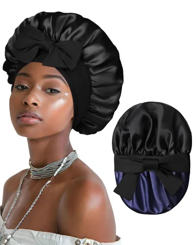 Vista 14 de Gorro de satén para mujeres, gorros de seda para dormir, gorro para cabello rizado con banda elástica con lazo, reversible de doble capa, gorro
