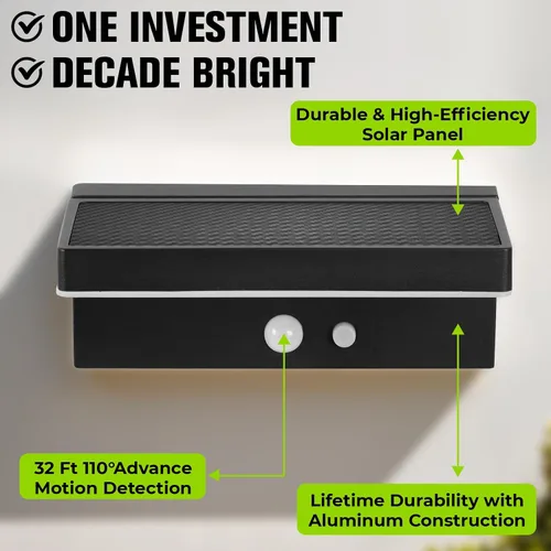 Vista 7 de Luces Solares con Sensor de Movimiento para Exteriores, 2 Unidades - 600 Lúmenes, 3 Modos, IP44, Impermeables, Luz de Pared Solar de Aluminio