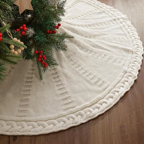 Vista 7 de Falda de árbol de Navidad de 48 pulgadas: Falda de árbol de punto de cable trenzado en diamante para árbol de 7.5 pies, falda de árbol blanco crema