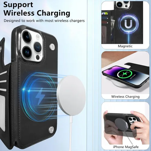 Vista 4 de Funda magnética tipo cartera con tapa para iPhone 14Pro Max de 6.7 pulgadas, compatible con MagSafe, soporte de cuero con soporte para tarjetas