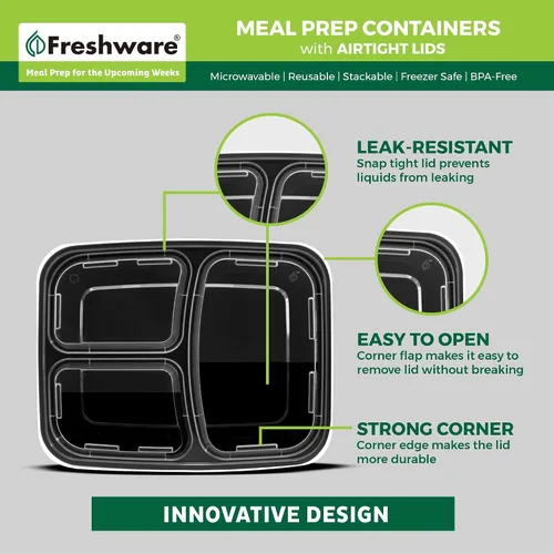 Vista 7 de Freshware Contenedores de preparación de comidas [21 unidades] 3 compartimentos con tapas, contenedores de almacenamiento de alimentos, caja Bento