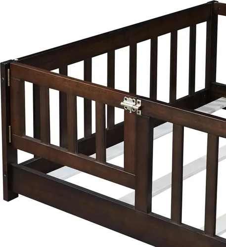 Vista 5 de Marco de cama Montessori de tamaño individual con rejillas, puerta y valla Valla Espresso
