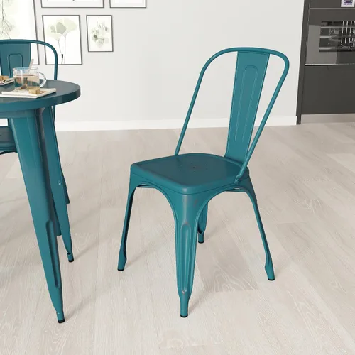 Vista 13 de Merrick Lane Banks - Silla apilable de comedor, marco de metal azul antiguo, acabado con recubrimiento en polvo envejecido, respaldo de listones