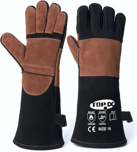 Vista 12 de TOPDC Guantes de trabajo de cuero para hombres o mujeres, guantes de cuero de piel de vaca para jardinería, soldadura TIG/MIG, motosierra, granja