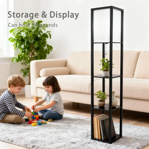Vista 2 de Lámpara de pie con estantes, moderna lámpara de estante cuadrada con pantalla blanca, lámpara de pie de esquina para sala de estar, dormitorio